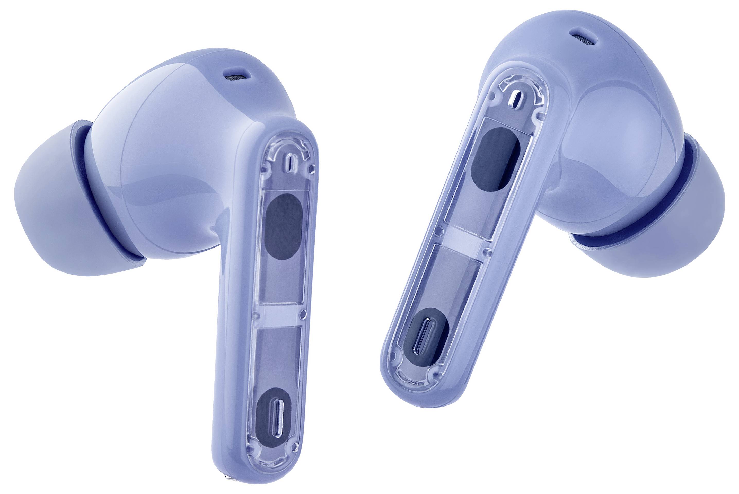 Dwa niebieskie bezprzewodowe słuchawki douszne, każde z silikonowymi nakładkami. Jedna słuchawka pokazuje widok z zewnątrz, druga - układ wewnętrzny.