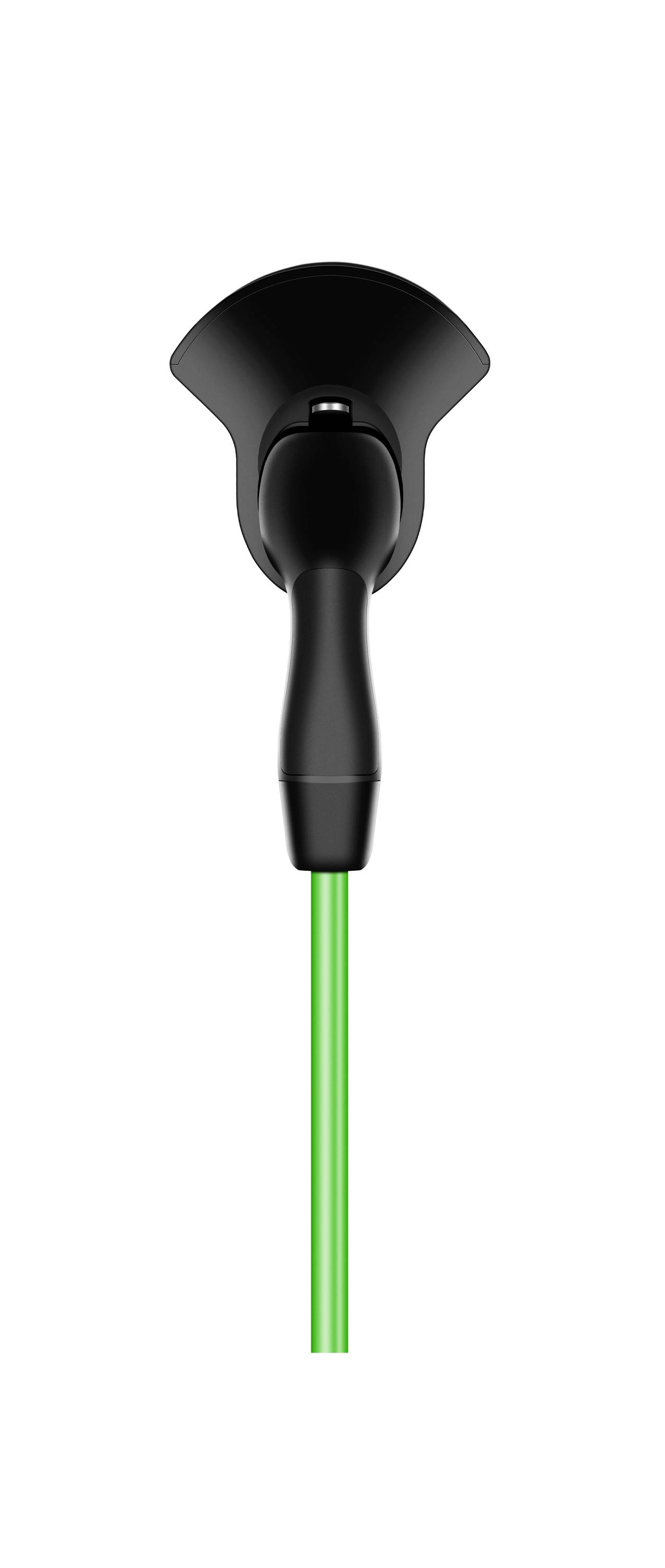 Ręczny skaner z zielonym przewodem, widziany z góry.