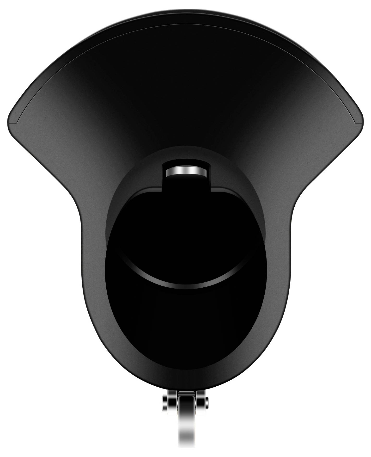 Czarna, półokrągła obudowa głośnika lub mikrofonu, wykonana w prostym, nowoczesnym designie z tworzywa sztucznego lub metalu.