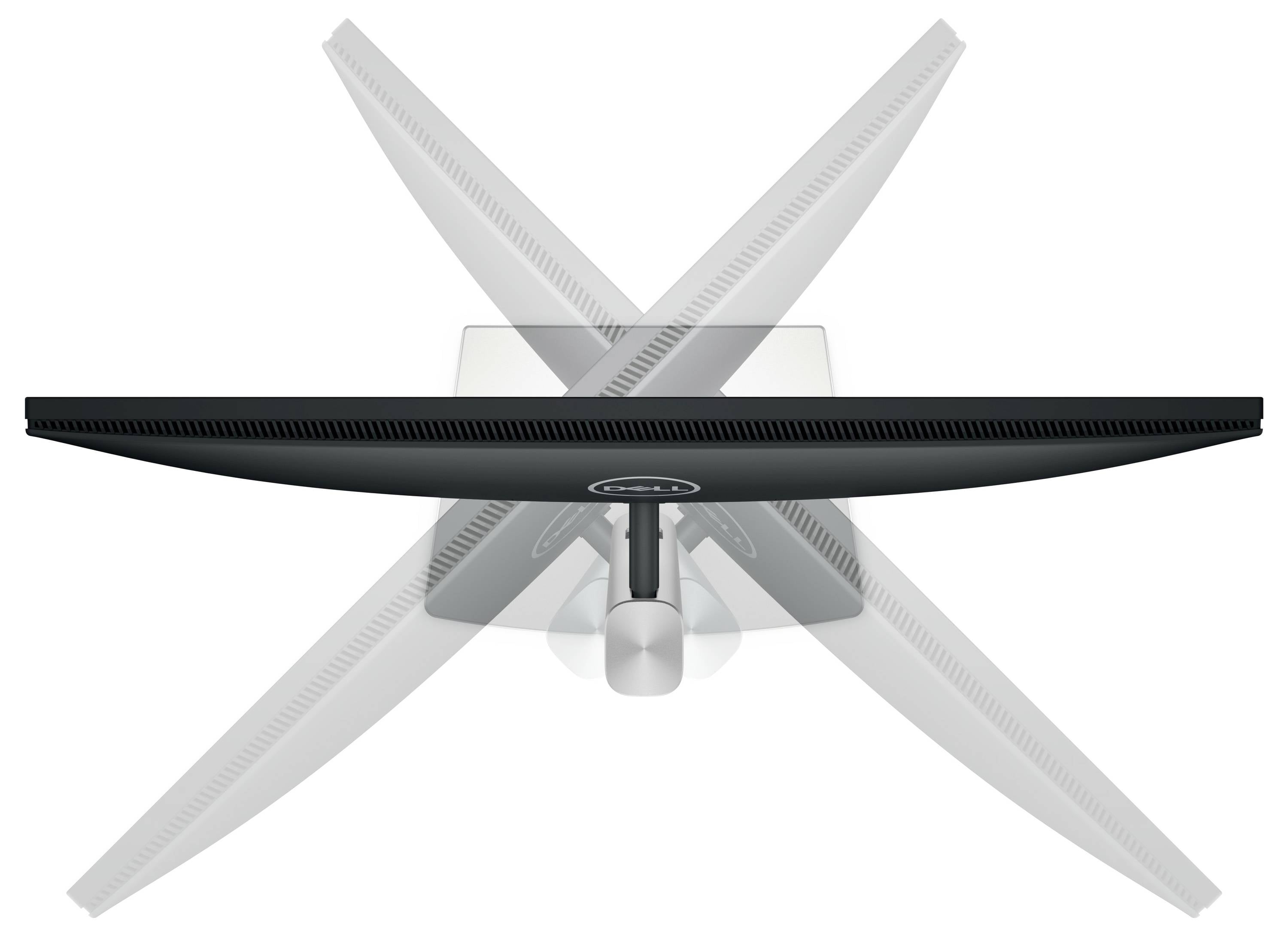 Monitor z płaskim ekranem widziany z góry, pokazujący obrót o 90 stopni w obu kierunkach.