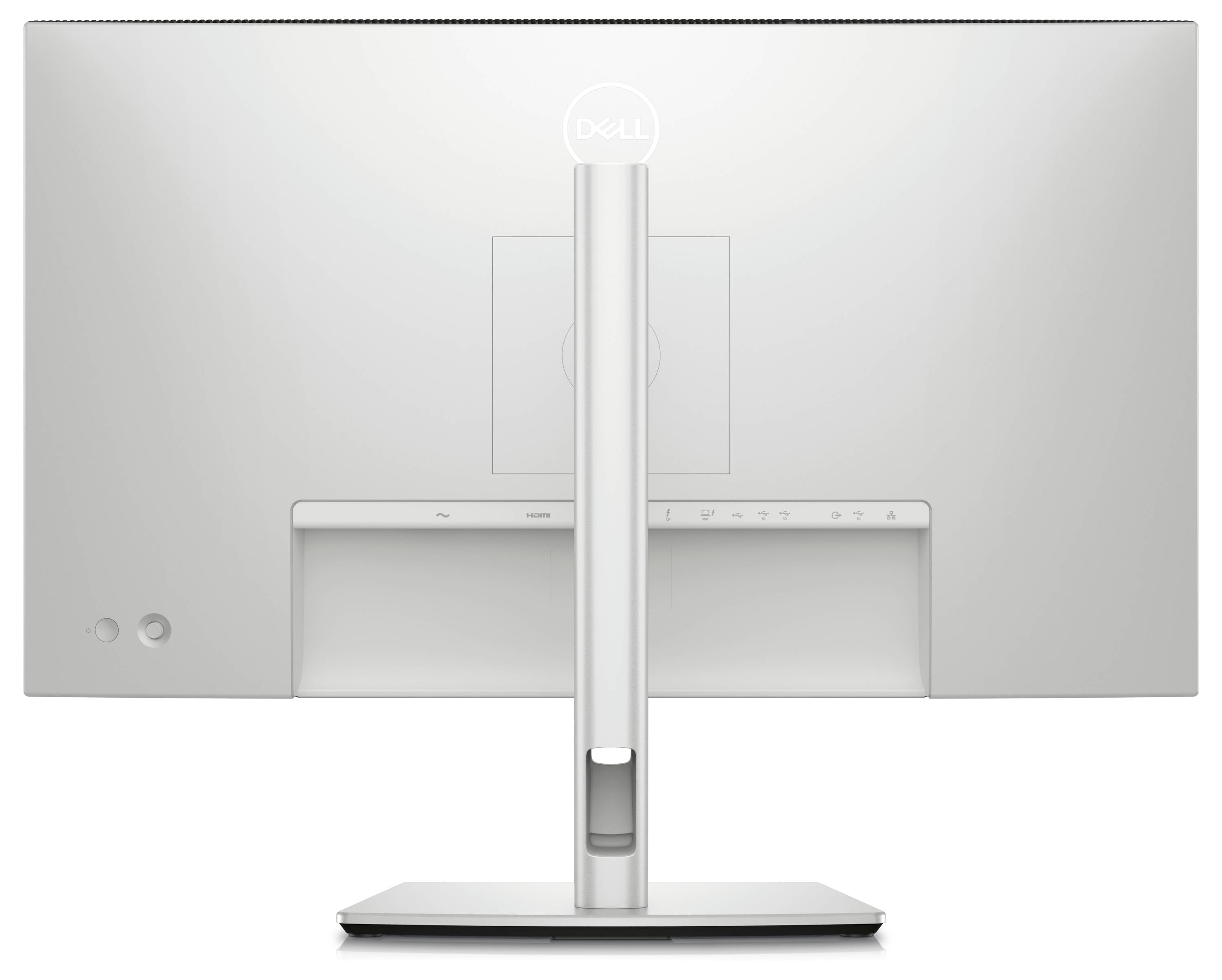 Widok z tyłu szarego monitora komputerowego na podstawie, z widocznymi złączami i przyciskami sterującymi na dolnej krawędzi.