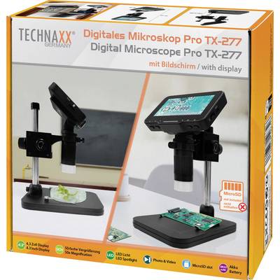 Mikroskop cyfrowe Pro TX-277 z ekranem. Wyświetla powiększony widok roślin i płytek. Posiada oświetlenie LED i gniazdo kart MicroSD.
