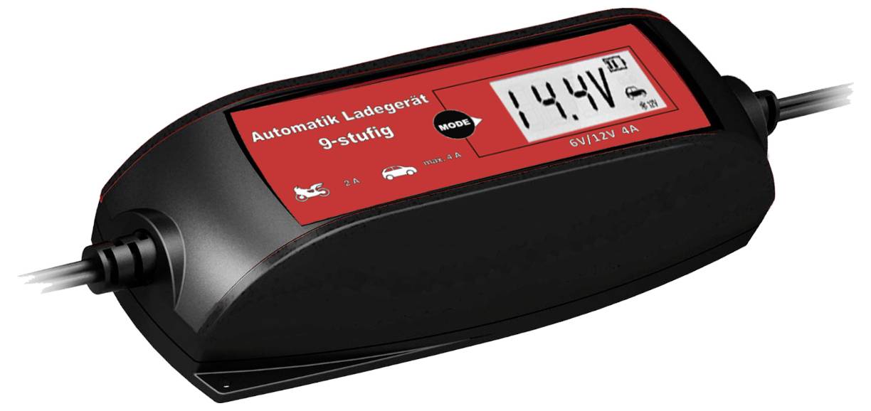 Automatyczna ładowarka 9-stopniowa z wyświetlaczem pokazującym '14.4V'. Odpowiednia dla akumulatorów 6V/12V o natężeniu 4A, z logo motocykla i samochodu.