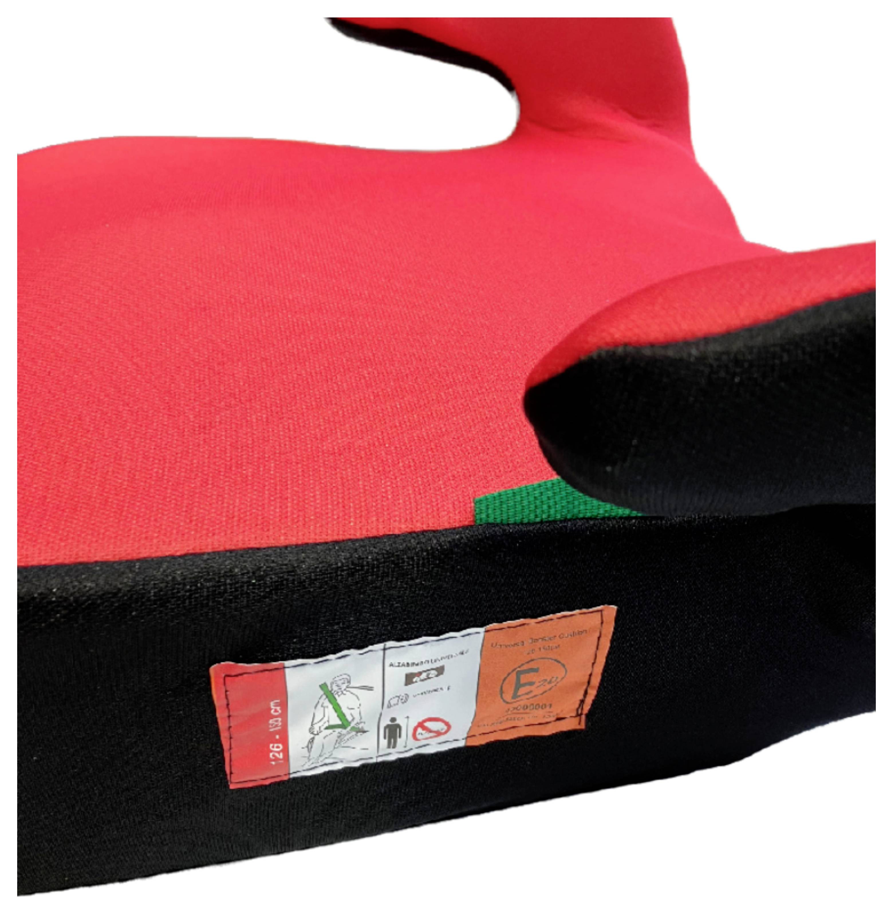 Czerwona i czarna podwyższka samochodowa dla dziecka z naklejką bezpieczeństwa oraz oznaczeniem '15-36 kg'.