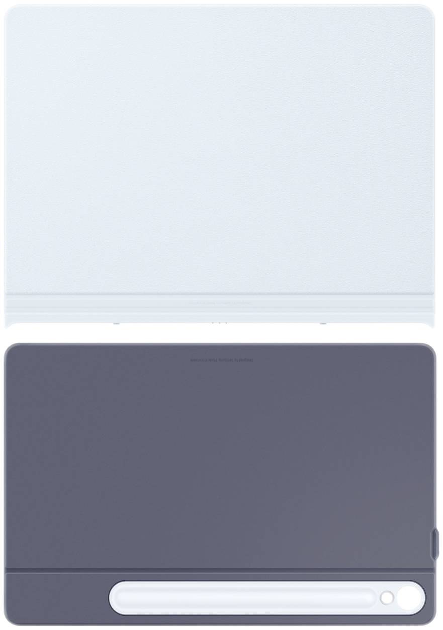 Dwa etui na tablet, jedno w kolorze białym, drugie w ciemnoszarym. Oba są zamknięte i prezentują widok od tyłu z wycięciem na aparat.
