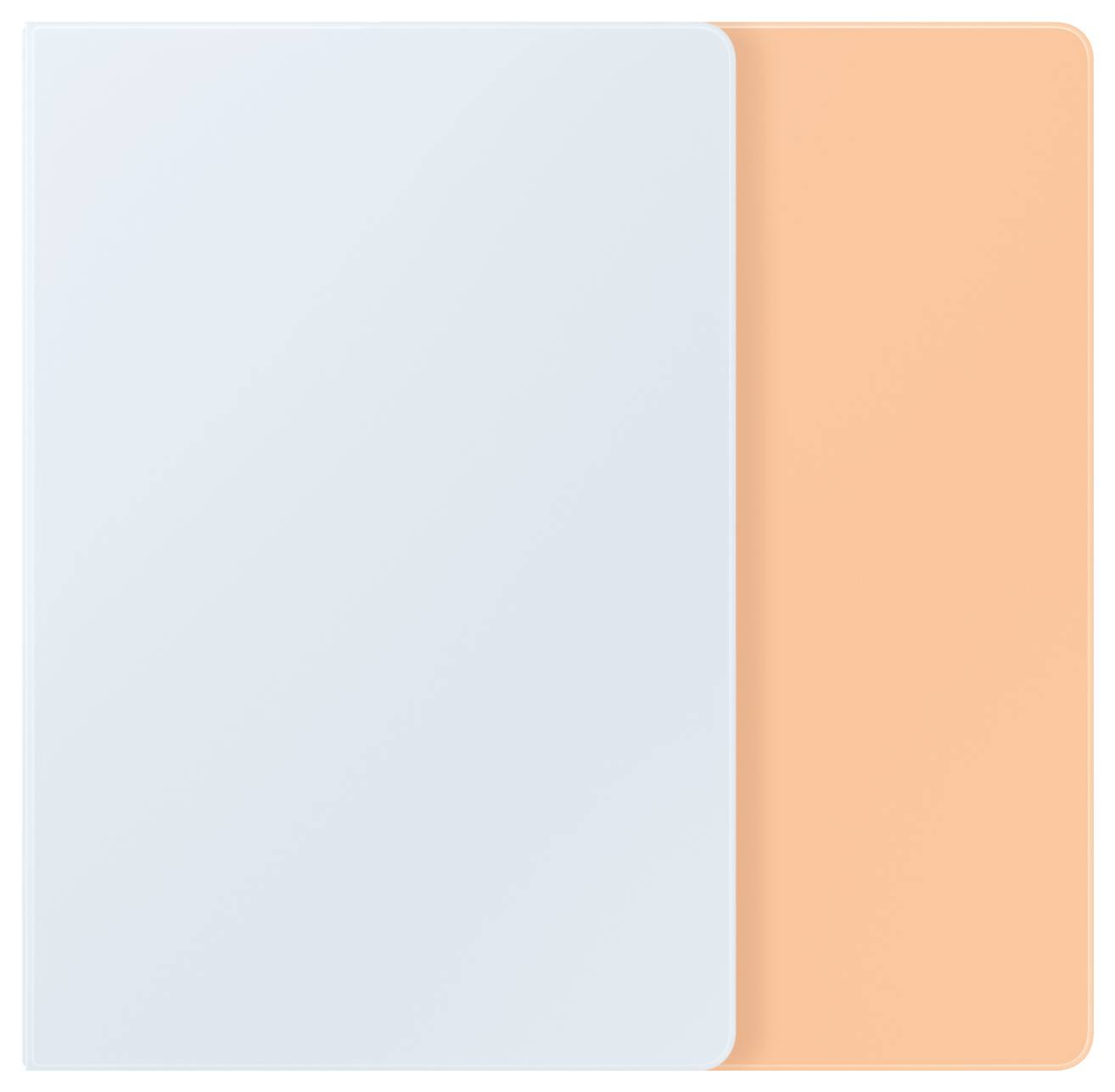 Dwie prostokątne, lekko przezroczyste powierzchnie, po lewej stronie jasnoniebieskie, po prawej jasnooranżowe, o zaokrąglonych narożnikach, ułożone jedna nad drugą.