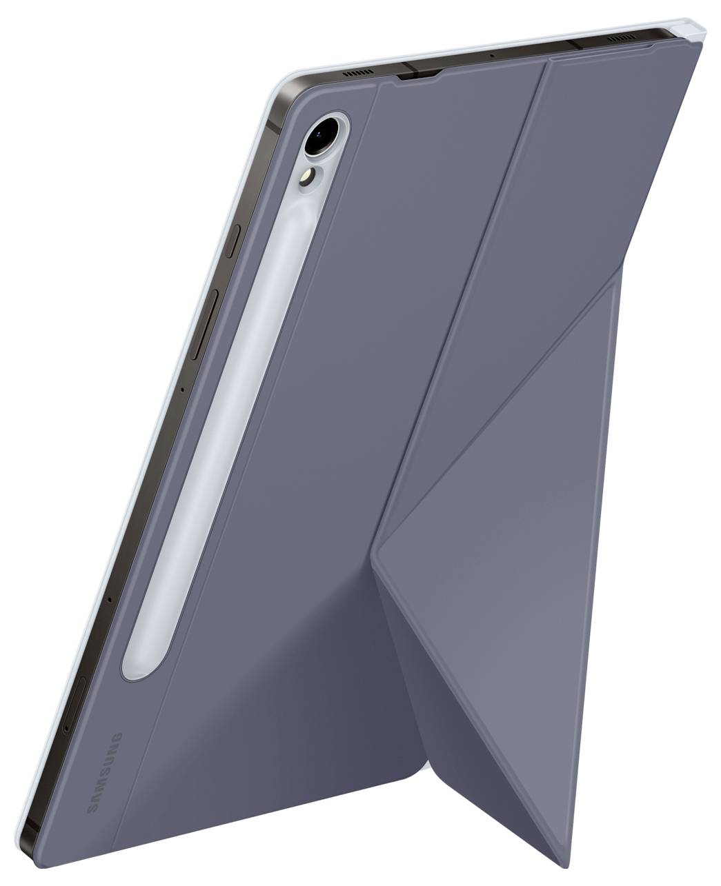 Tablet w szarej obudowie ochronnej, z charakterystycznym, składanym wzorem na plecach. Po lewej stronie widoczna kamera i regulacja głośności.