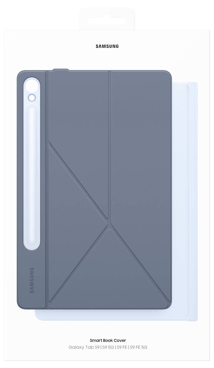 Niebieskie etui Samsung dla Galaxy Tab S9, S9+, S9 FE oraz S9 FE+. Przedstawione w zamkniętym opakowaniu.