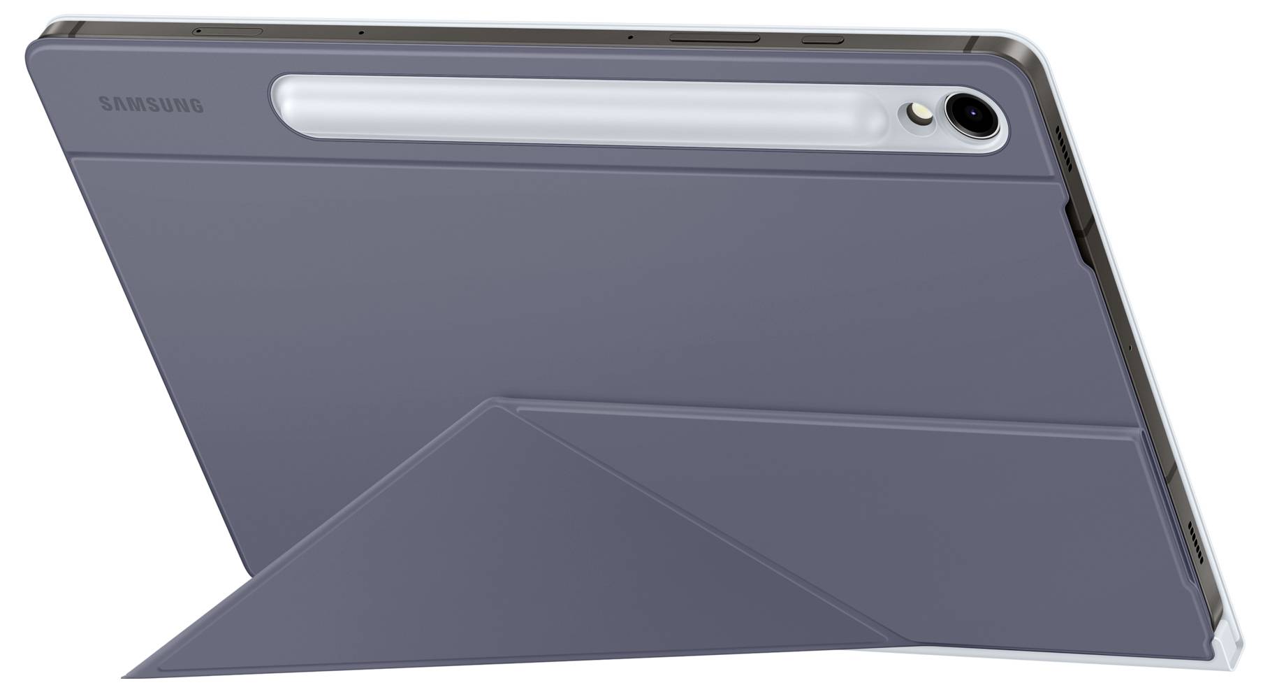 Obraz przedstawia tablet z szarą obudową i rysikiem. Znajduje się w pozycji pionowej, widoczna jest jego tylna strona.