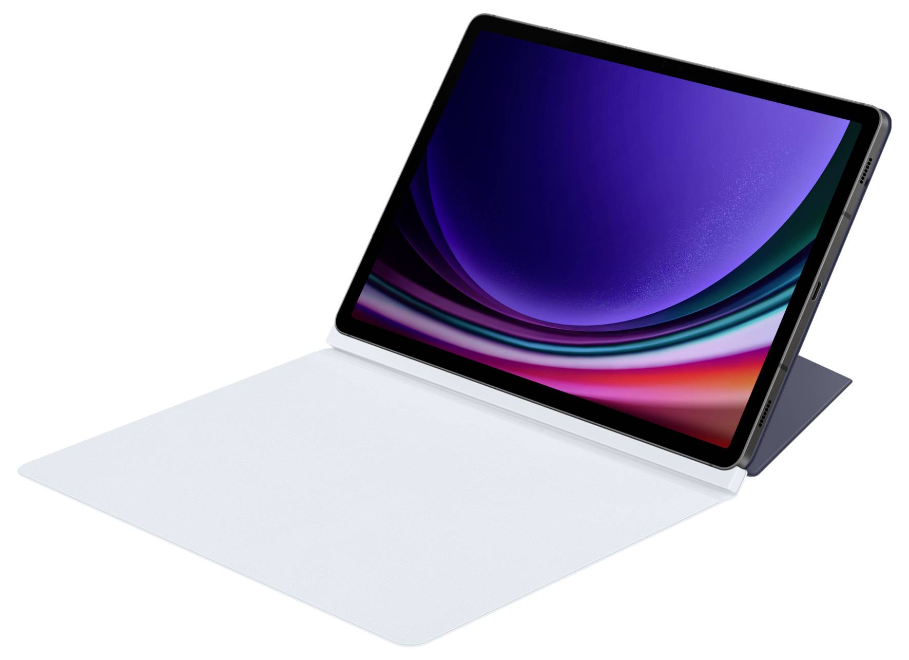 Tablet z czarną ramką i kolorową tapetą z falami, leżący na otwartej białej okładce na płaskiej powierzchni.