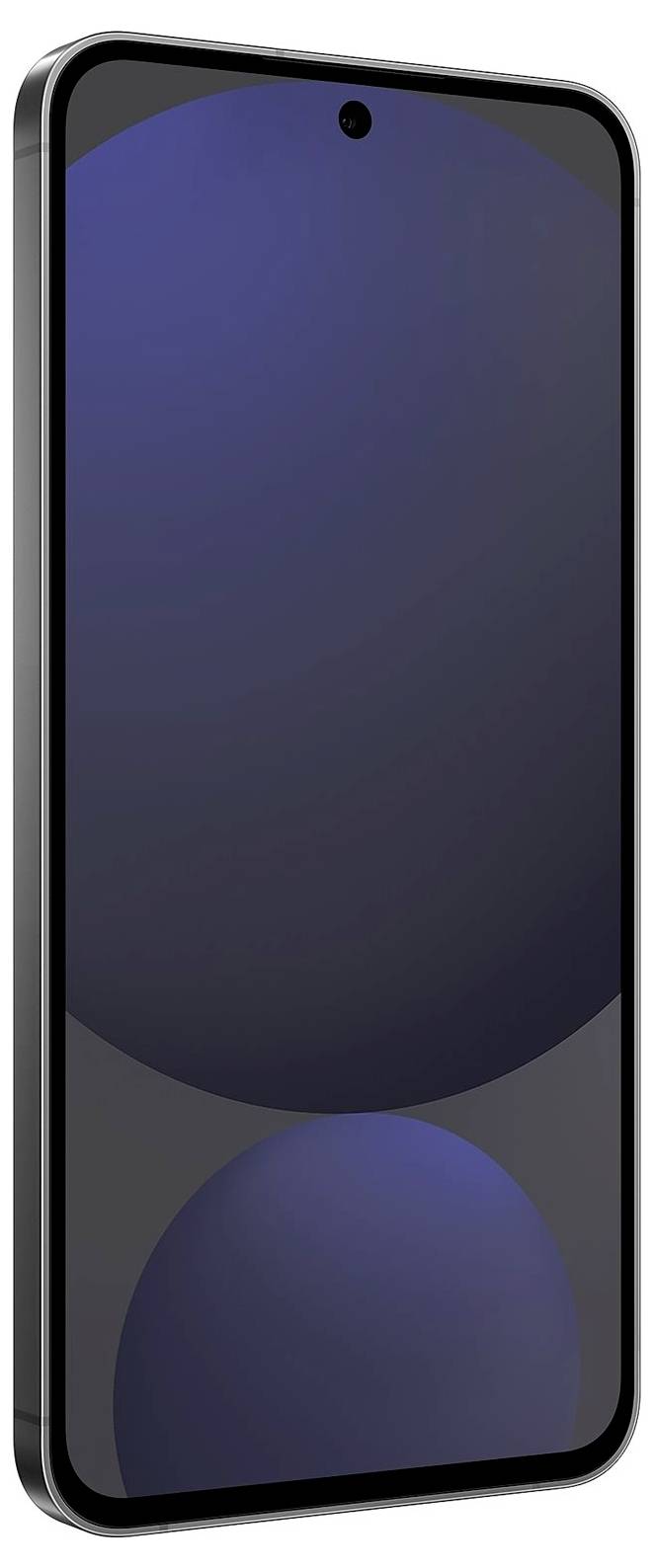 Nowoczesny czarny smartfon z zaokrąglonymi rogami, wyświetlający dwie niebieskie kule.