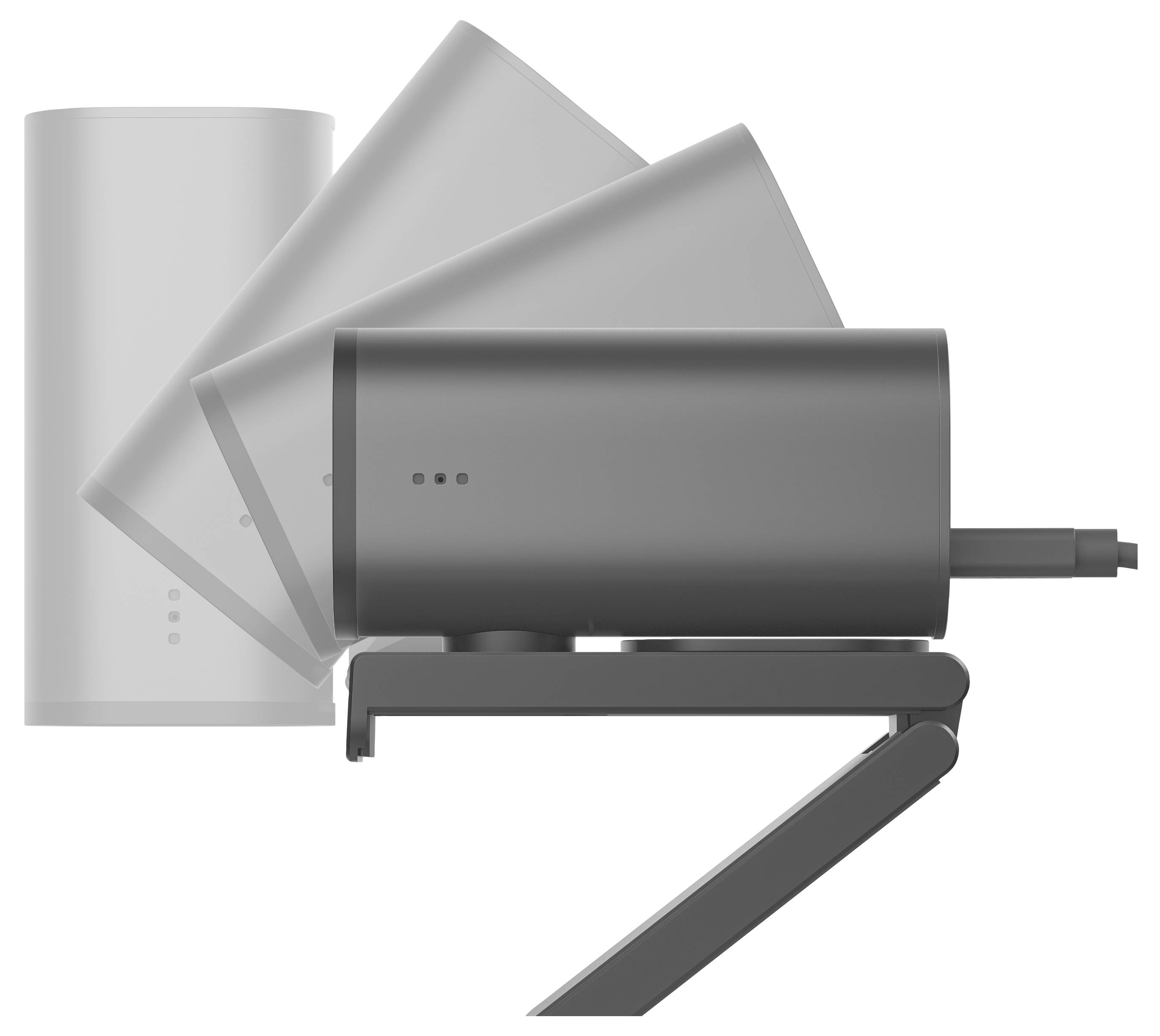 Szara kamera internetowa z obrotową pokrywą na regulowanej podstawce, prezentująca różne kąty otwarcia.