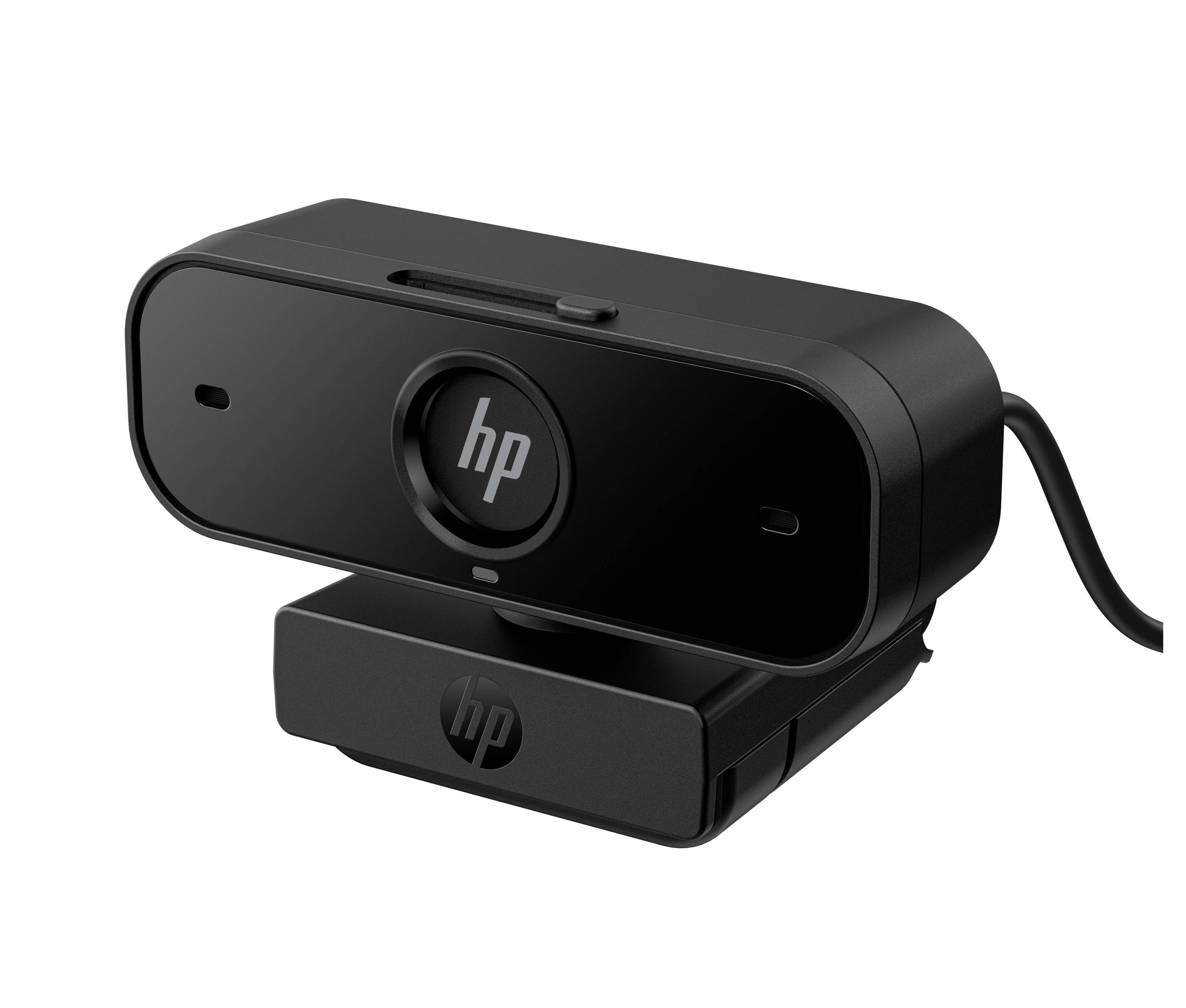 Czarna kamera internetowa z logo HP, zamontowana na podstawce, skierowana jest do przodu. Kabel jest podłączony po prawej stronie.