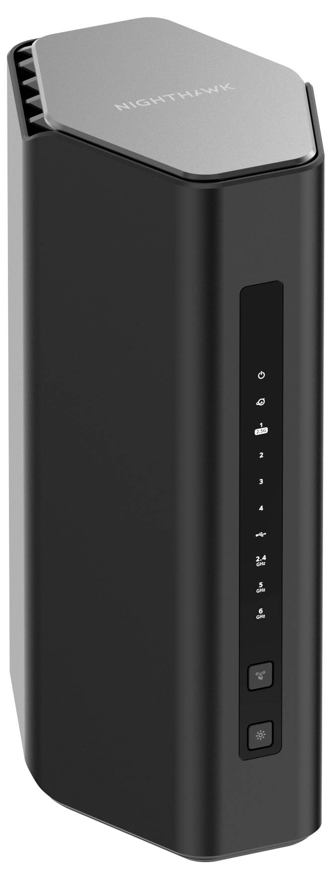 Czarny router WiFi o pionowej budowie, z kilkoma wskaźnikami LED na przedniej ściance i napisem 'Nighthawk' u góry.