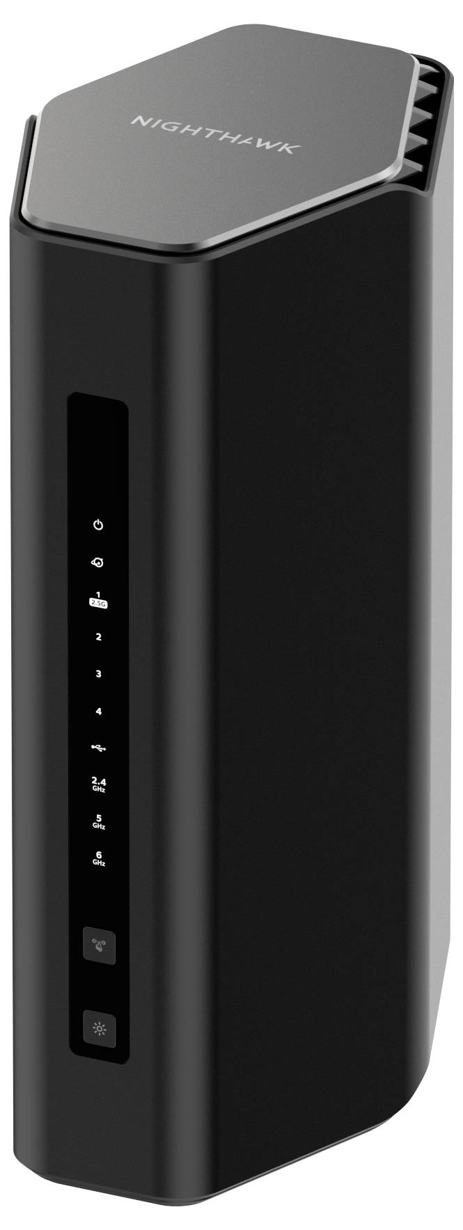 Czarny router w pionowej obudowie z kilkoma diodami LED na przedniej ściance, z nazwą marki u góry.