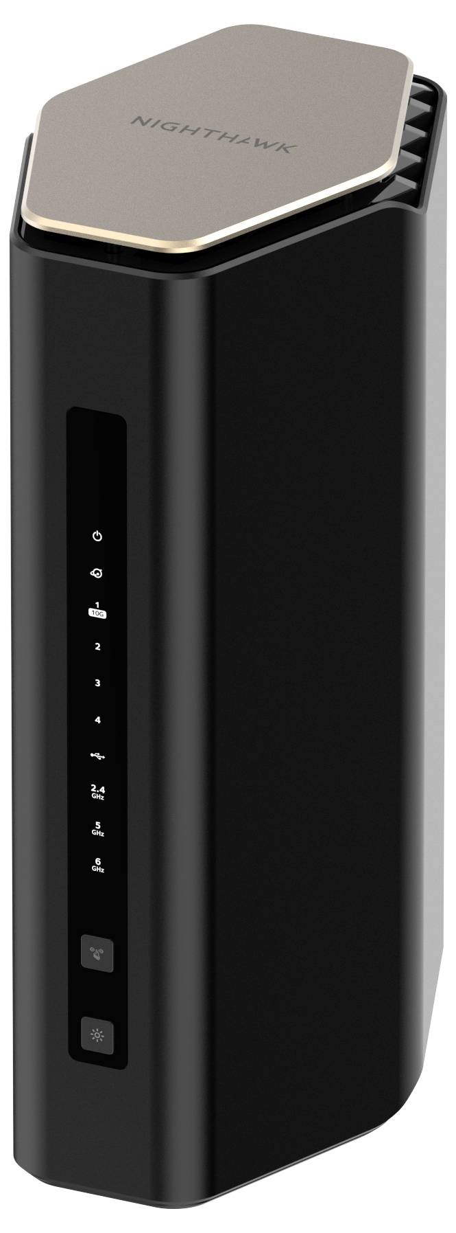 Czarny router Wi-Fi o smukłej, pionowej sylwetce. Posiada wskaźniki świetlne na przedniej części obudowy oraz srebrną pokrywę.