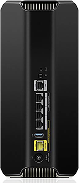 Czarna tylna ściana urządzenia sieciowego z różnymi złączami, w tym portami USB, Ethernet oraz portami optycznymi do podłączenia kabli.