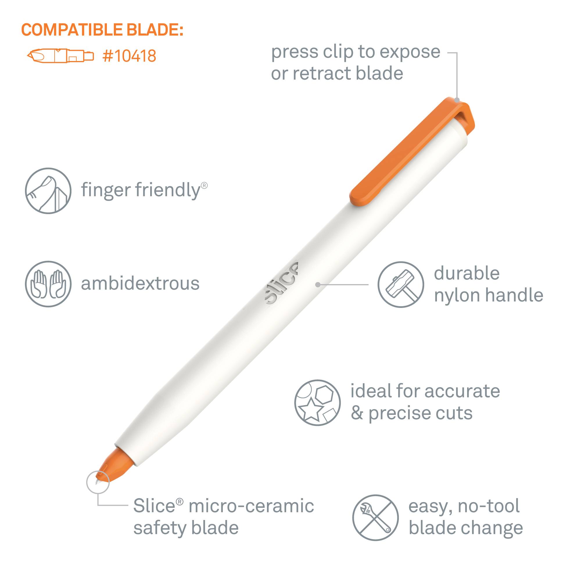 Długopis z wysuwanym ostrzem ceramicznym, pomarańczowym klipsem. Cechy: przyjazny dla dłoni, obustronny, wytrzymały, precyzyjny, łatwa wymiana ostrza.