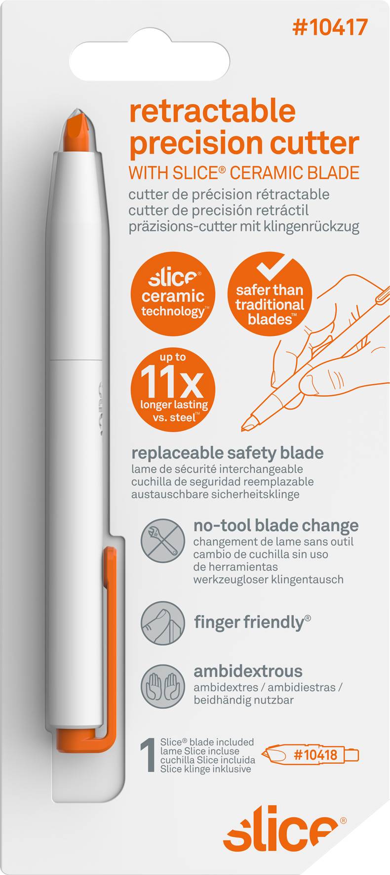 Opakowanie precyzyjnego noża wysuwnego z ostrzem ceramicznym. Zawiera informacje dotyczące bezpieczeństwa, wskazówki ergonomiczne oraz dane produktowe.