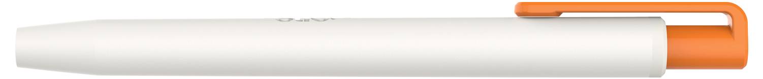 Biały długopis z pomarańczowym klipsem leży poziomo.