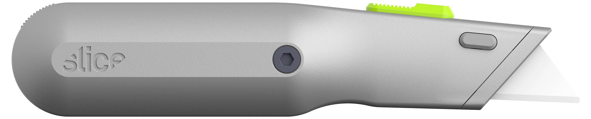 Szary nóż bezpieczeństwa z zielonym przesuwnikiem i ostrzem, przeznaczony do bezpiecznego cięcia kartonów i materiałów opakowaniowych.