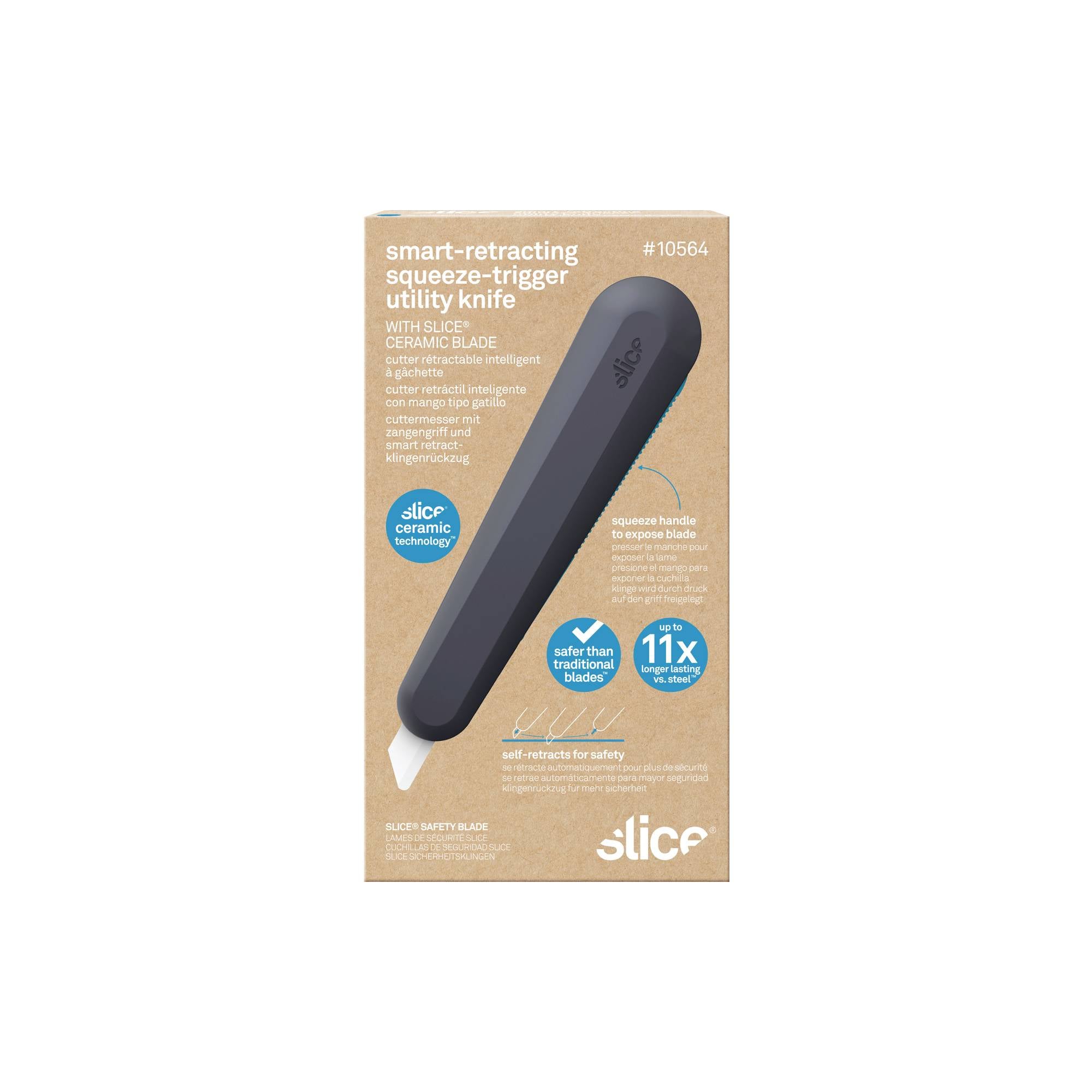 Czarny ceramiczny nóż bezpieczeństwa z ergonomicznym uchwytem i chowaną automatycznie głownią w opakowaniu z informacjami o produkcie.