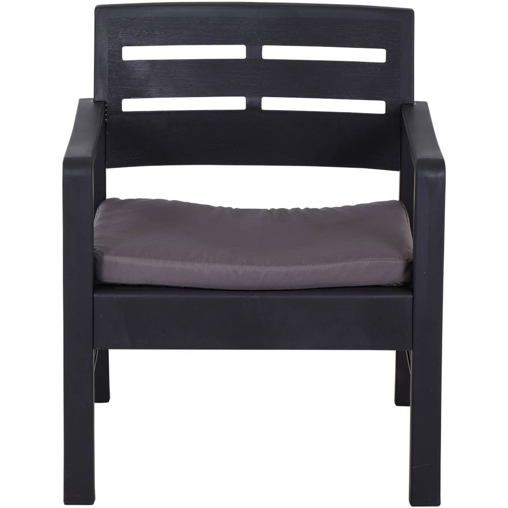 Czarny fotel z podłokietnikami i szarą poduszką siedziska, sfotografowany z przodu. Prosta, nowoczesna forma.