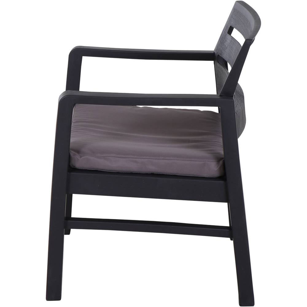 Czarny metalowy fotel z podłokietnikami i szarym siedziskiem, widziany z boku. Idealny do nowoczesnych wnętrz.