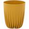 Proste, żółte naczynie plastikowe o żebrowanych ścianach.