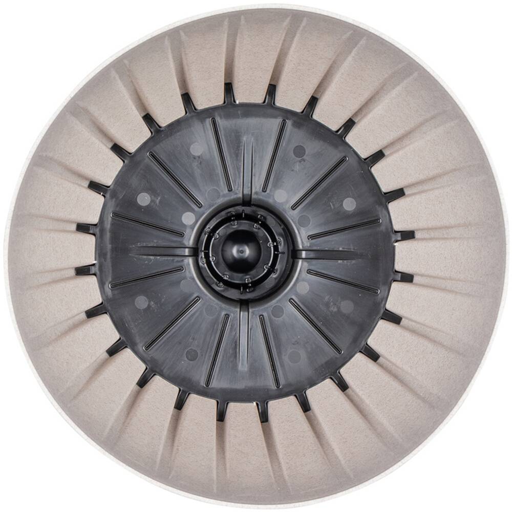 Okrągły obiekt z centralnym czarnym elementem kołowym jest symetrycznie rozmieszczony. Prawdopodobnie część urządzenia technicznego.