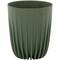 Zielony, cylindryczny doniczka z pionowymi rowkami, prosty design odpowiedni do użytku wewnątrz i na zewnątrz.