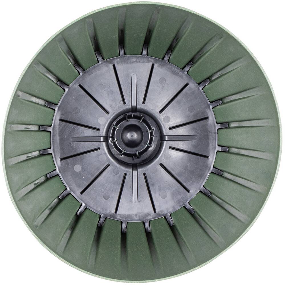 Zielony, okrągły widok obiektu z góry w kształcie dysku, z czarnym obszarem centralnym i promieniowym wzorem linii.