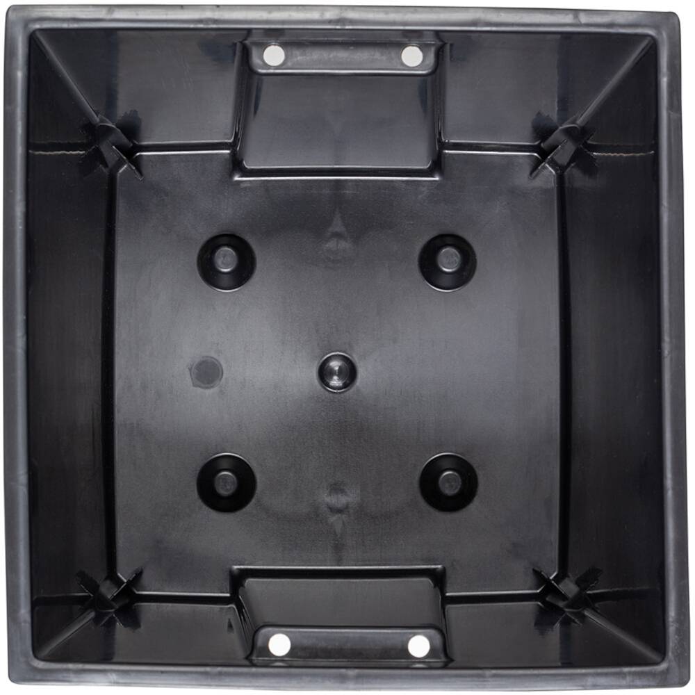 Czarna, kwadratowa obudowa z tworzywa sztucznego z wieloma punktami mocowania oraz wgłębieniem na środku.