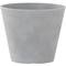 Szary, okrągły doniczka z tworzywa sztucznego, bez widocznej zawartości lub roślin.