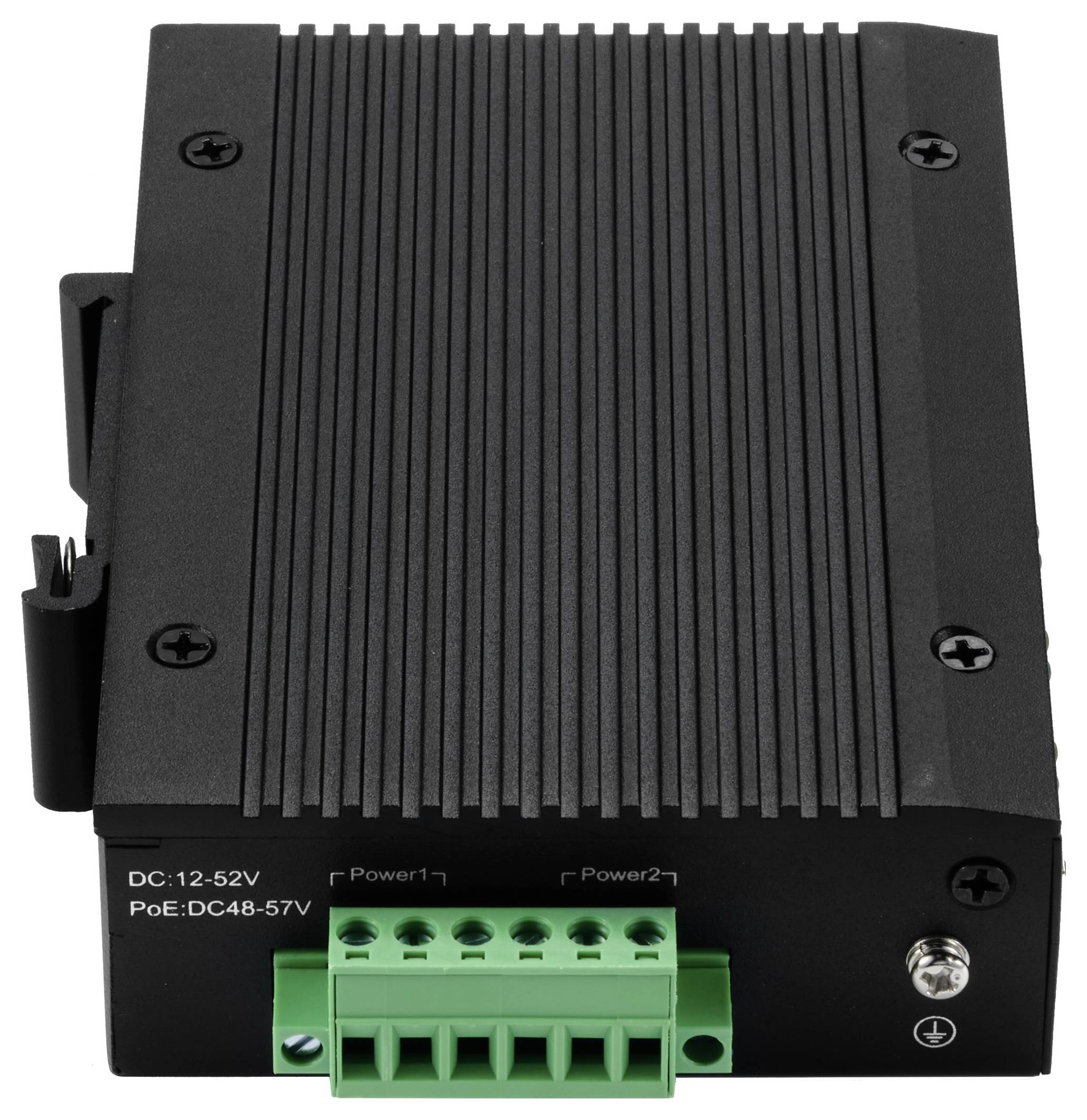 Czarny, prostokątny elektroniczny przyrząd z zielonymi zaciskami przyłączeniowymi, używany do zasilania, oznaczony napisem 'DC: 12-52V'.