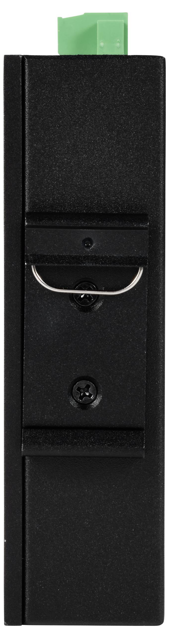 Czarne urządzenie elektroniczne z zielonym złączem na górze, dwiema widocznymi śrubami i metalowym zaciskiem na przedniej części.
