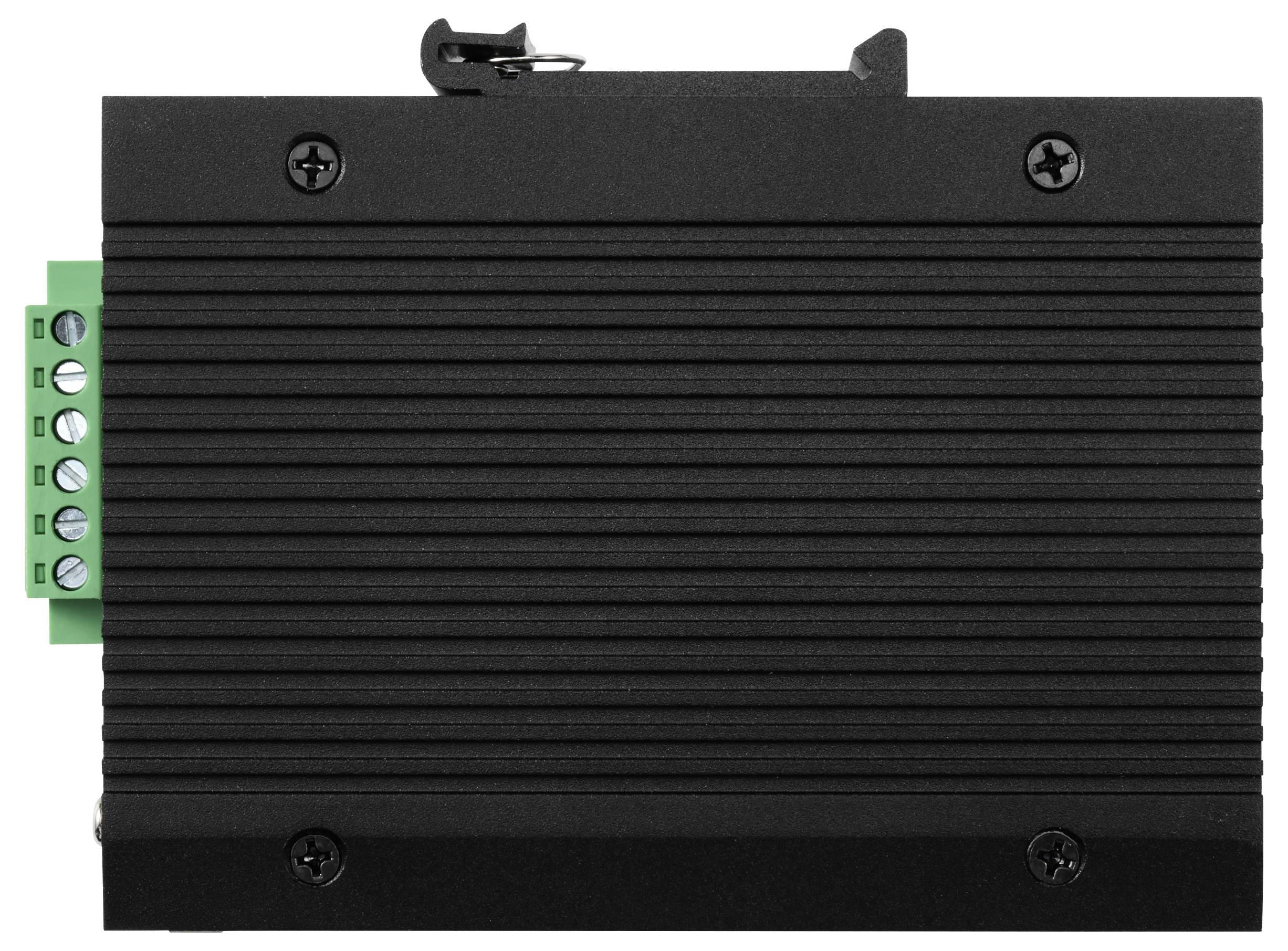 Czarny, prostokątny, żebrowany moduł z czterema śrubami w narożnikach i zielonym blokiem przyłączeniowym do podłączenia przewodów.