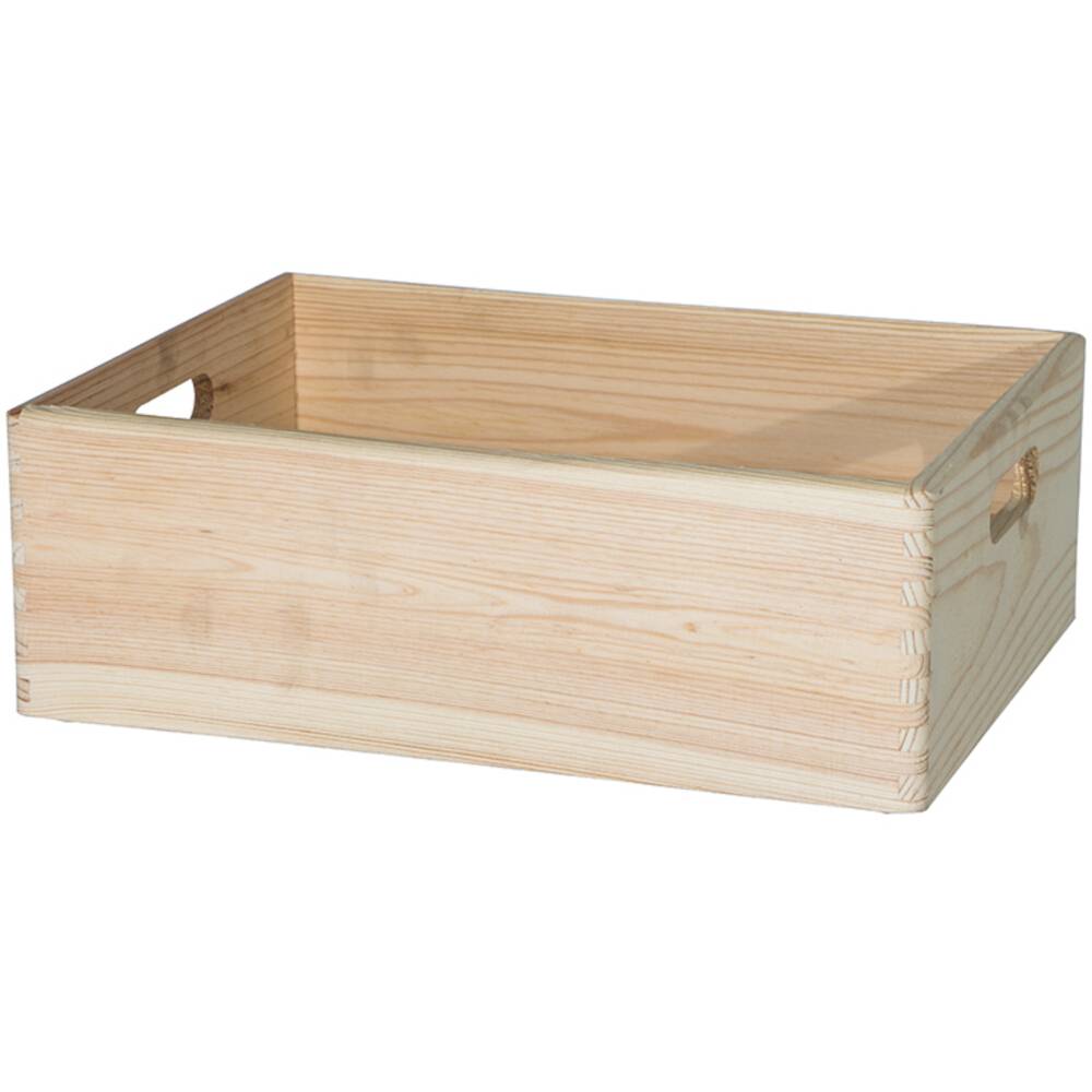 Pusta drewniana skrzynia z uchwytami po bokach, odpowiednia do przechowywania lub transportu różnych przedmiotów.