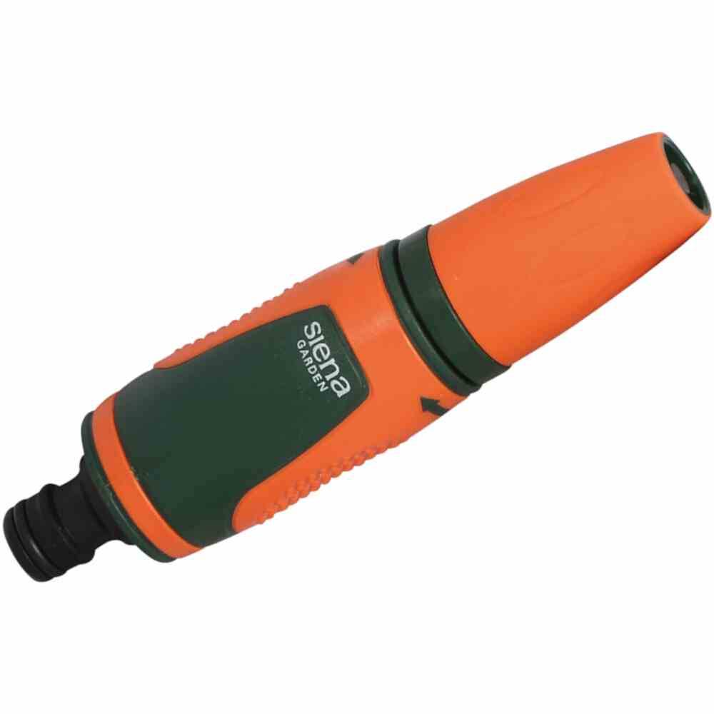 Adapter do węża ogrodowego w kolorze pomarańczowo-zielonym z czarną nakładką, oznaczony etykietą 'siena garden'.