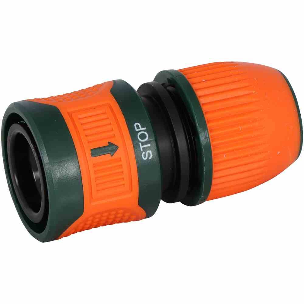 Pomarańczowy adapter do węża ogrodowego z zielonymi akcentami i napisem 'STOP'. Odpowiedni do łączenia lub rozłączania węży wodnych.