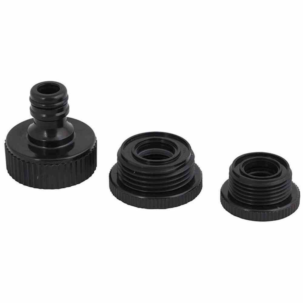 'Trzy czarne adaptery do złączy przewodów w różnych rozmiarach, ułożone obok siebie na białym tle.'