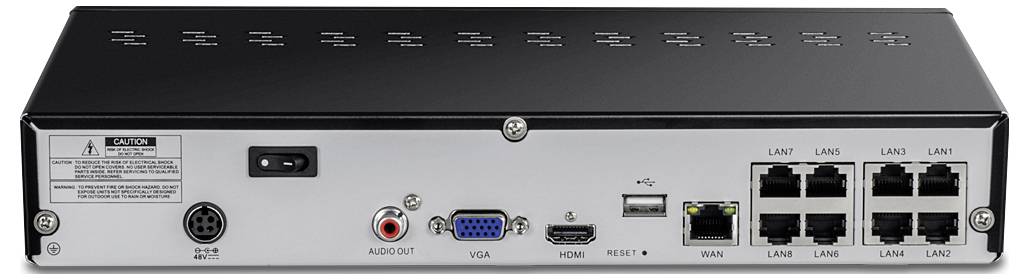 'Tylna strona urządzenia sieciowego z gniazdami: zasilanie, wyjście audio, VGA, HDMI, USB, WAN oraz 4 porty LAN.'