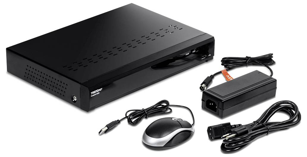 Czarny rejestrator sieciowy z myszą, zasilaczem i przewodami.