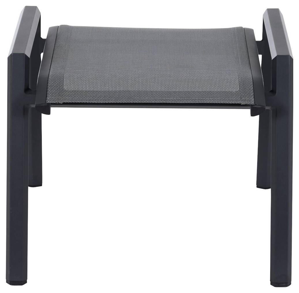 Ciemny, nowoczesny stołek z prostokątną powierzchnią siedzenia i stabilnymi nogami, odpowiedni do użytku wewnątrz i na zewnątrz pomieszczeń.