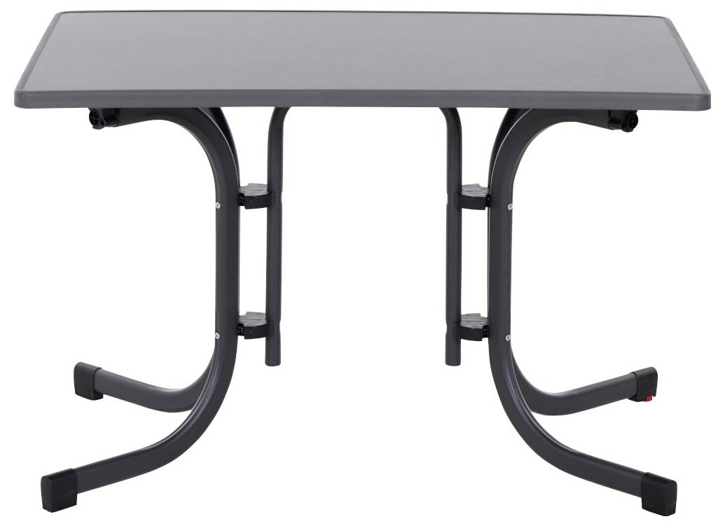 Prostokątny, szary stół z metalowymi nogami na giętej podstawie. Odpowiedni do wnętrz i na zewnątrz.