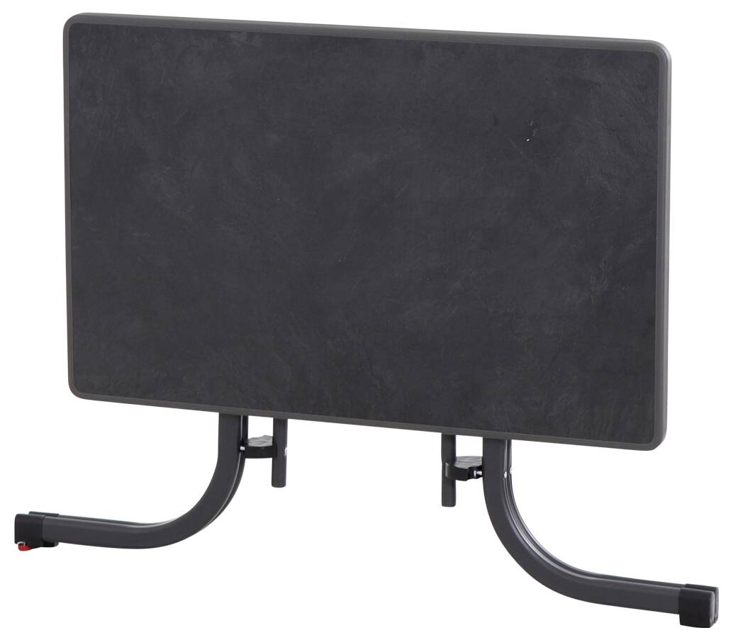 Czarny stół o prostokątnym blacie i zaokrąglonych nogach, stabilny i funkcjonalny, nadający się do różnorodnych zastosowań.