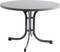 Okrągły, szary stół z metalowymi nogami. Idealny do jadalni lub na taras.