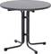 Okrągły, czarny stół z możliwością złożenia nóg, odpowiedni do użytku wewnątrz i na zewnątrz.