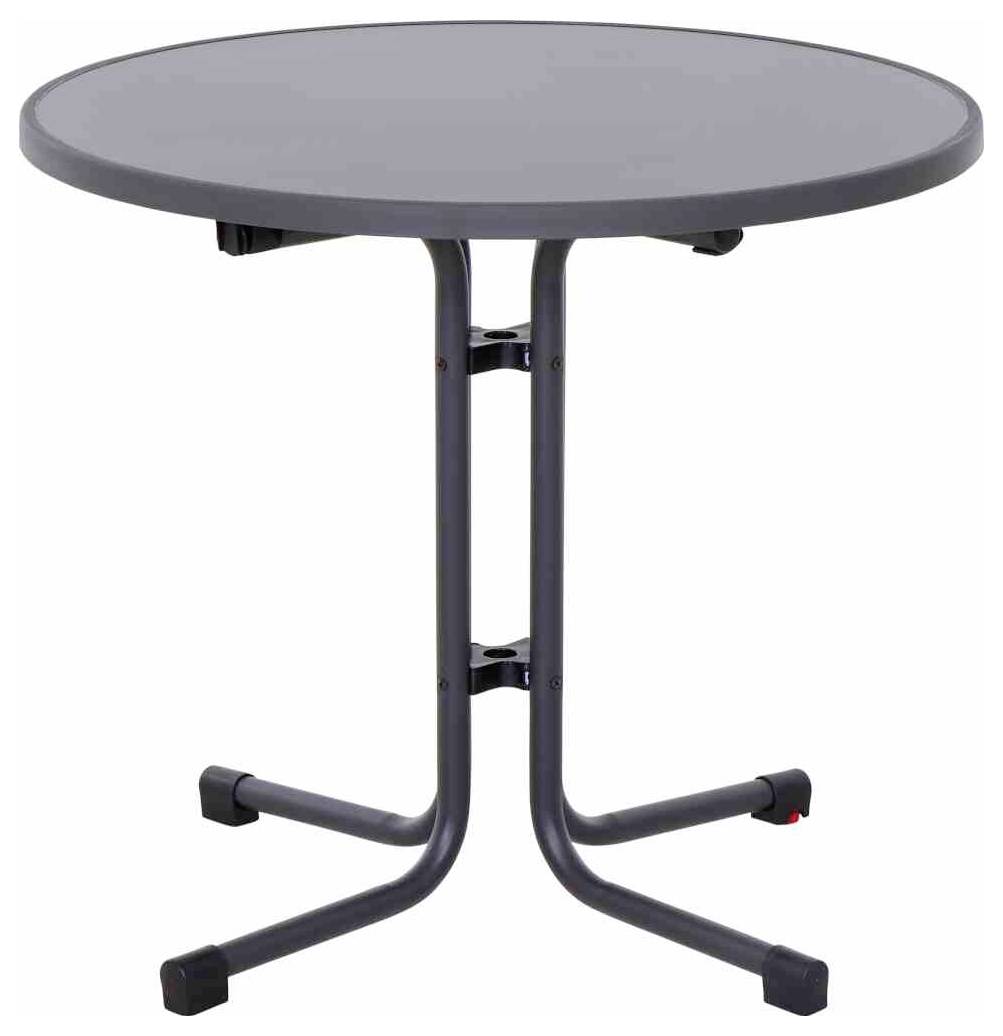 Okrągły, składany stół z czarną powierzchnią, metalową podstawą i czterema nogami, odpowiedni do użytku wewnątrz i na zewnątrz.