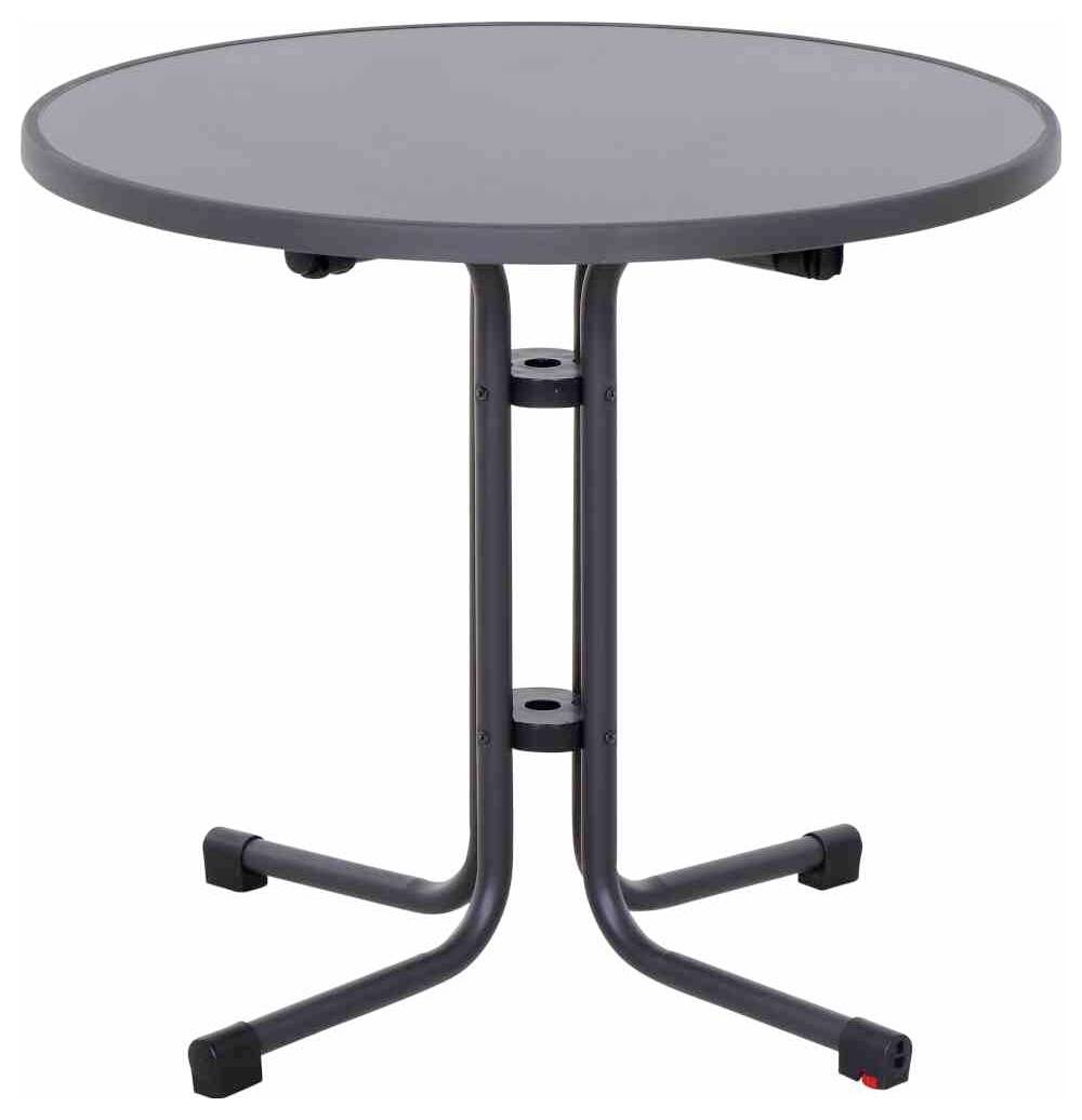 Okrągły stół z czarną powierzchnią i stabilną ciemną metalową podstawą, idealny do wnętrz lub na zewnątrz.